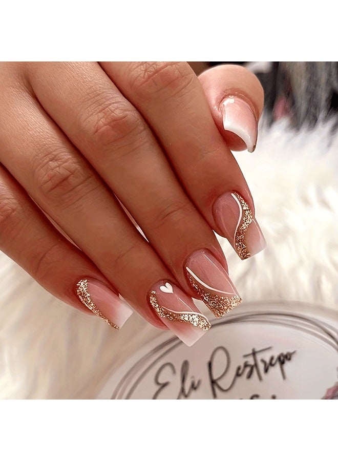 Generic 24pcs Glossy Medium Square Fake Nails, Nude White Gradient Press On Nails With Love Heart And Golden Glitter Stripe Design, Sweet And Cute False Nails For Women Girls  - Image 1