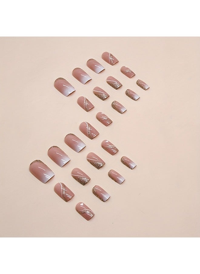 Generic 24pcs Glossy Medium Square Fake Nails, Nude White Gradient Press On Nails With Love Heart And Golden Glitter Stripe Design, Sweet And Cute False Nails For Women Girls  - Image 2