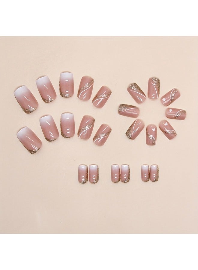 Generic 24pcs Glossy Medium Square Fake Nails, Nude White Gradient Press On Nails With Love Heart And Golden Glitter Stripe Design, Sweet And Cute False Nails For Women Girls  - Image 3