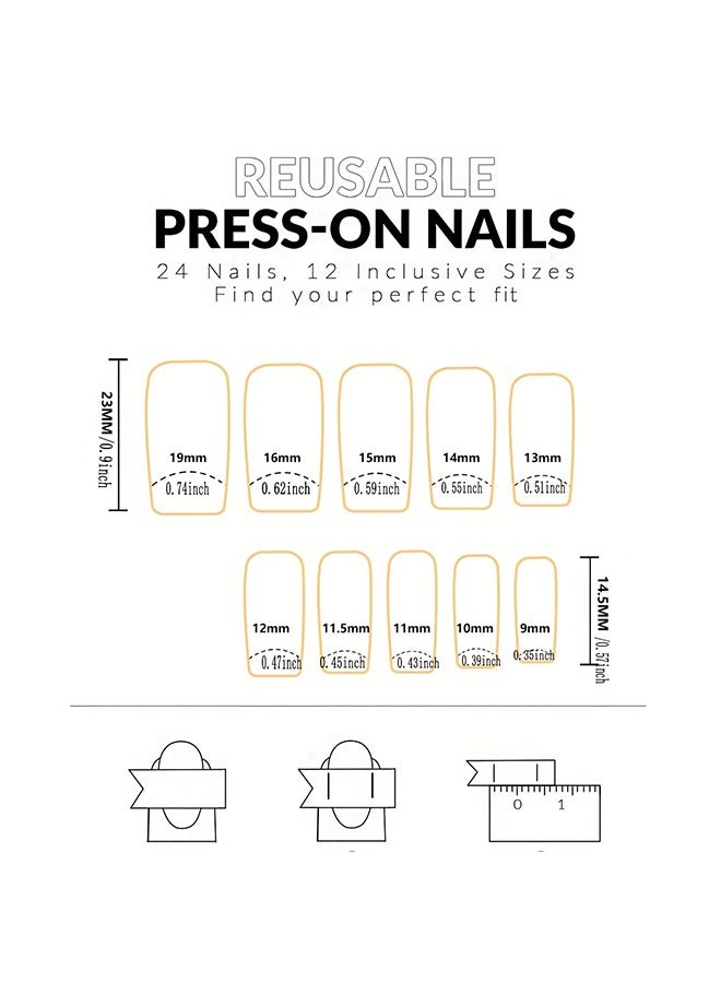 Generic 24pcs Glossy Medium Square Fake Nails, Nude White Gradient Press On Nails With Love Heart And Golden Glitter Stripe Design, Sweet And Cute False Nails For Women Girls  - Image 4