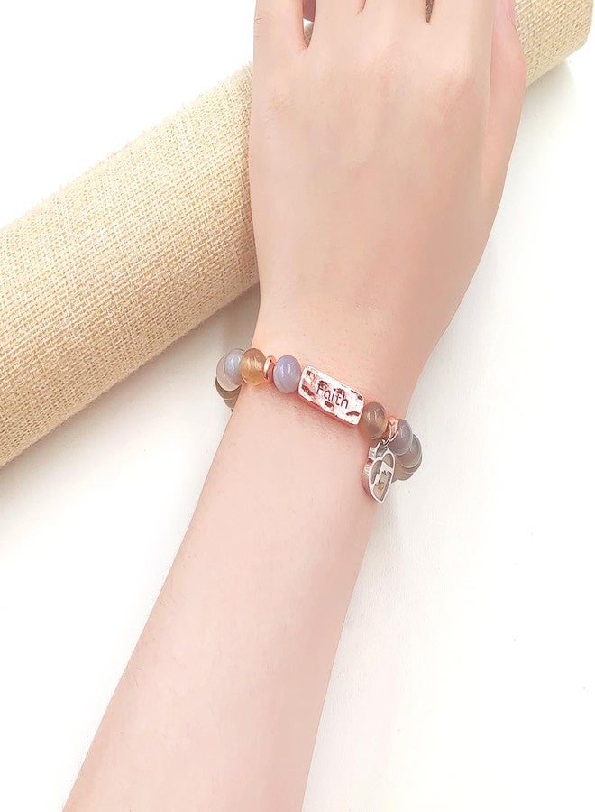 Uloveido 8mm Grey Agate Beads Bracelet, Heart Mountain Mustard Seed Charms, Inspirational Gifts Faith Bracelets for Women Y4108-4 - Image 2