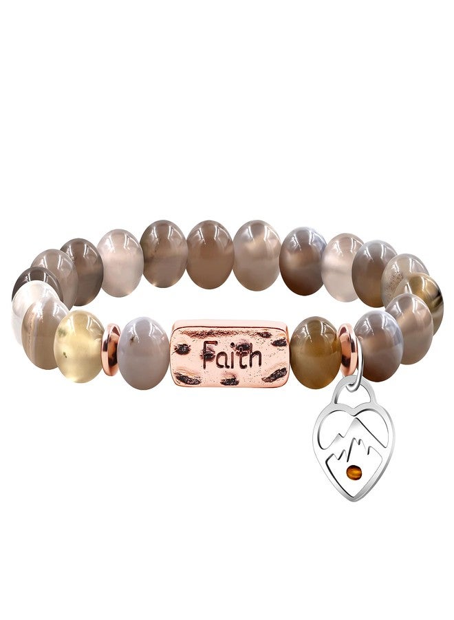 Uloveido 8mm Grey Agate Beads Bracelet, Heart Mountain Mustard Seed Charms, Inspirational Gifts Faith Bracelets for Women Y4108-4 - Image 1