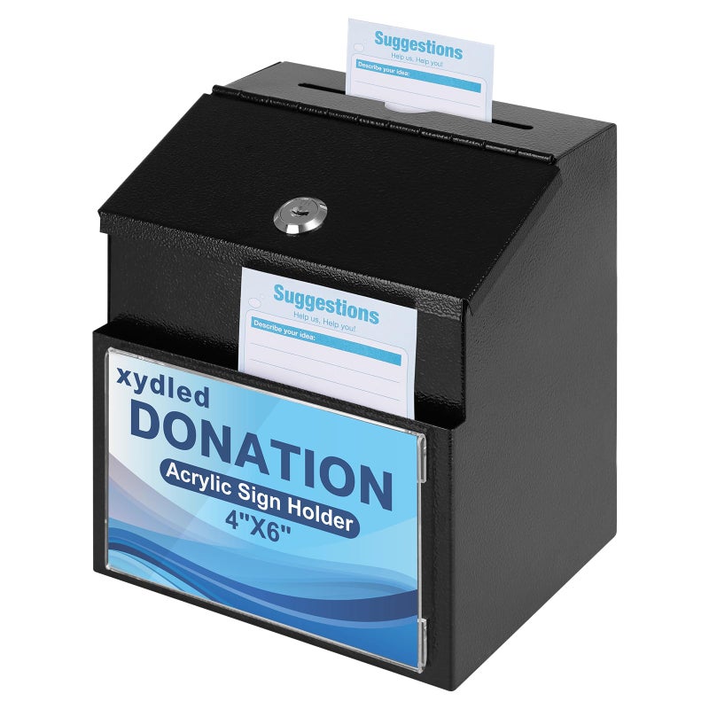 xydled Suggestion Box with Magnetic Acrylic Sign Holder, Metal Key Lock Box Donation Box,Ballot and Collection Box with Slot&Flyer holder,Wall Mounted,Black - Image 1