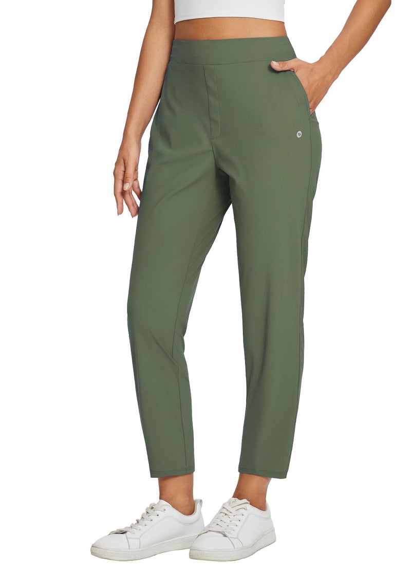 baleaf Womens Travel Pants Lightweight Stretch with Zipper Pockets Petite Ankle Dressy Golf Work Business Casual Army Green S - Image 1
