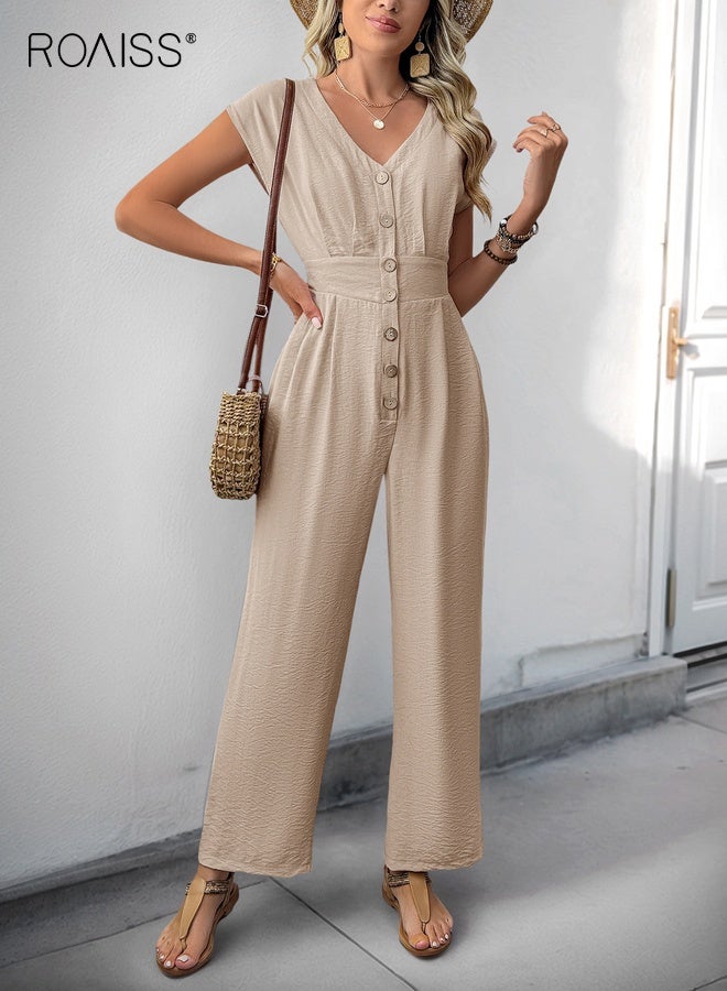 رويس جمبسوت نسائي بأزرار أمامية بلون المشمش مع رقبة على شكل حرف V وخصر مرتفع وتصميم واسع الساق وخفيف الوزن من مزيج الكتان يسمح بمرور الهواء ومريح وجيوب عميقة وقماش فاخر وتصميم أنيق ومتعدد الاستخدامات - Image 2