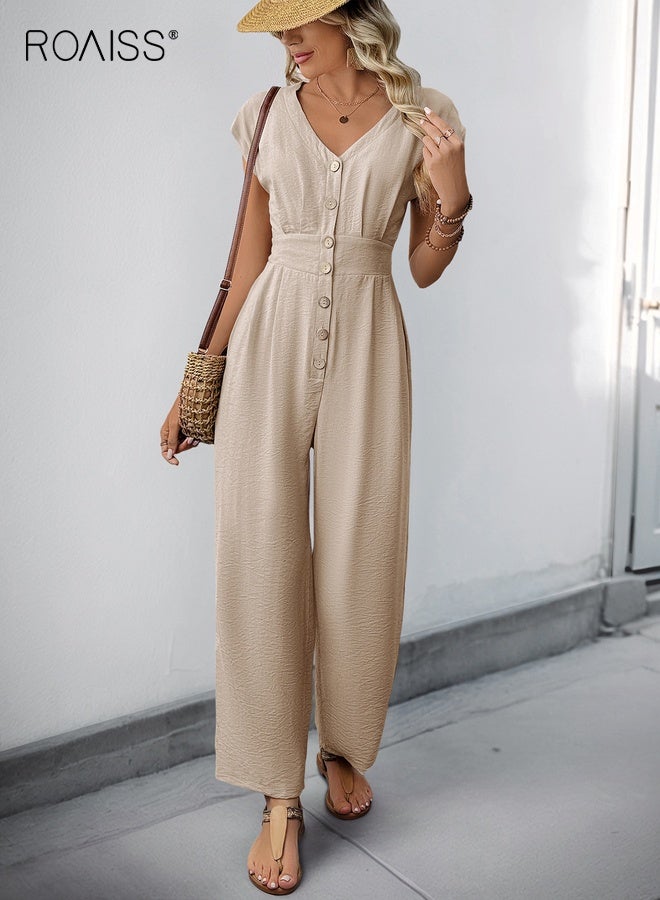رويس جمبسوت نسائي بأزرار أمامية بلون المشمش مع رقبة على شكل حرف V وخصر مرتفع وتصميم واسع الساق وخفيف الوزن من مزيج الكتان يسمح بمرور الهواء ومريح وجيوب عميقة وقماش فاخر وتصميم أنيق ومتعدد الاستخدامات - Image 3