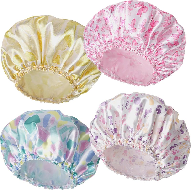 CHFONG Shower Caps for Women, 4 PCS Elastic and Reusable Bath Caps, Double Layers Shower Cap Reusable Waterproof, Bathing Shower Caps, Environmental Bath Hair Protection Cap - Bow - Image 1