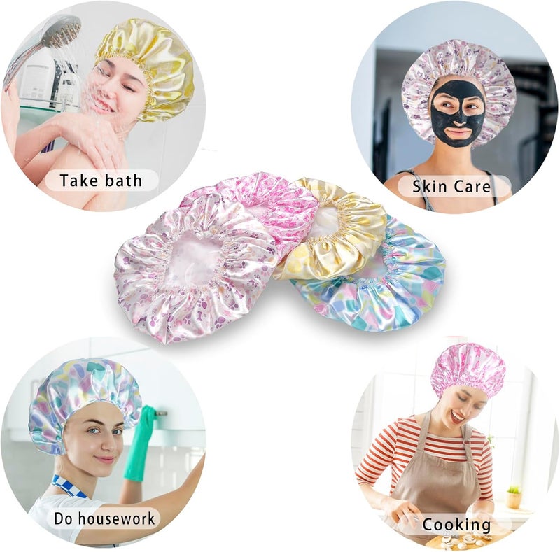 CHFONG Shower Caps for Women, 4 PCS Elastic and Reusable Bath Caps, Double Layers Shower Cap Reusable Waterproof, Bathing Shower Caps, Environmental Bath Hair Protection Cap - Bow - Image 5