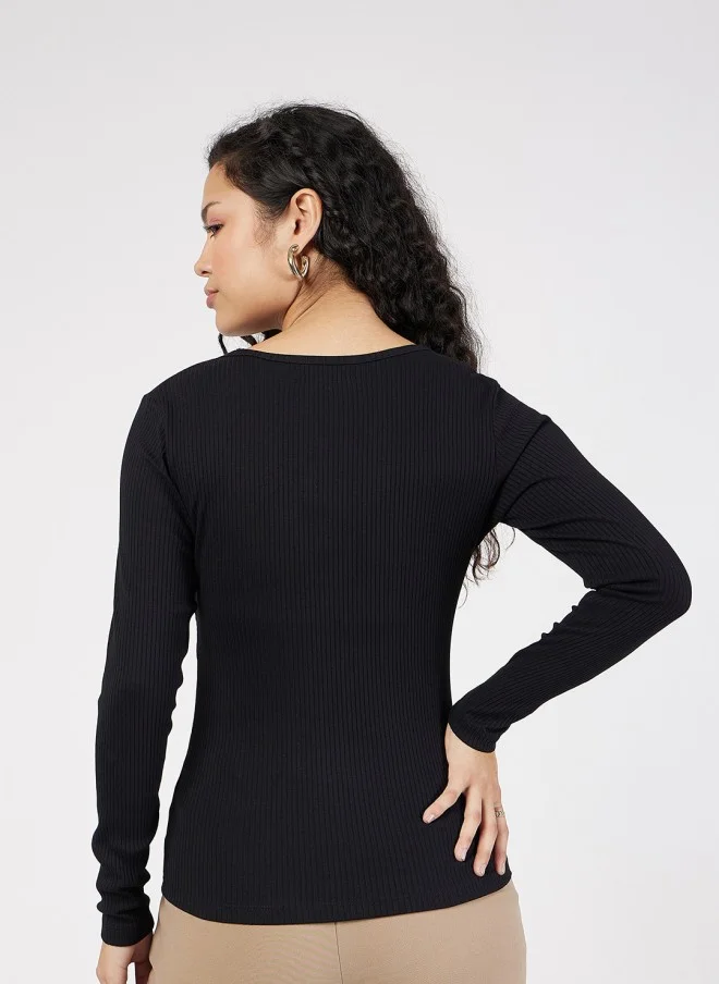 SASSAFRAS Black Ribbed Square Neck Fitted Top for Women