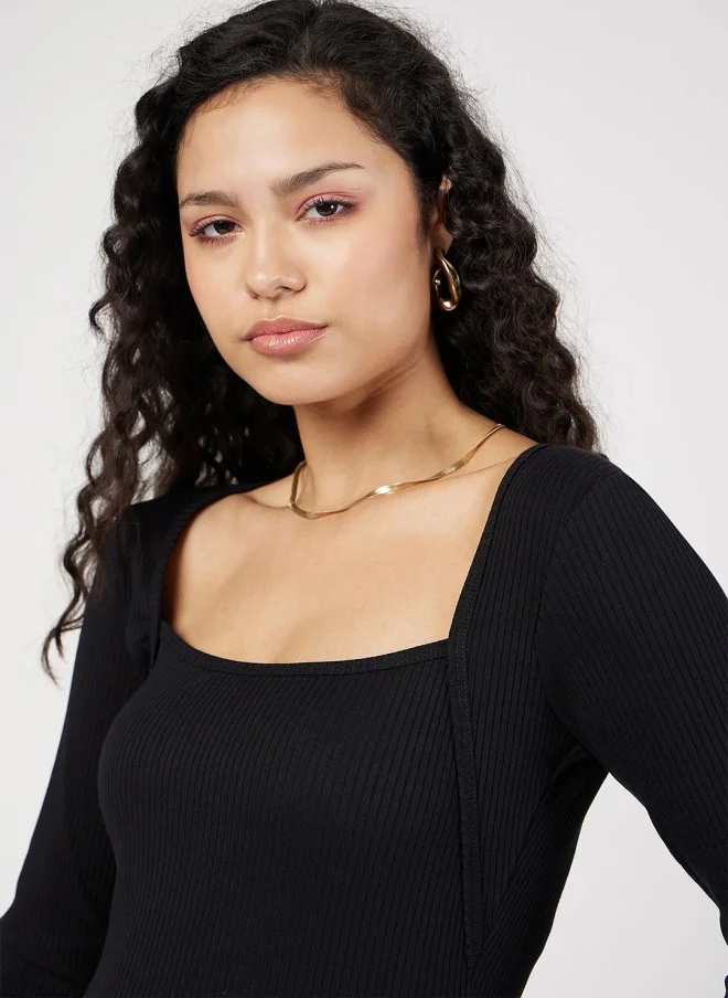 SASSAFRAS Black Ribbed Square Neck Fitted Top for Women