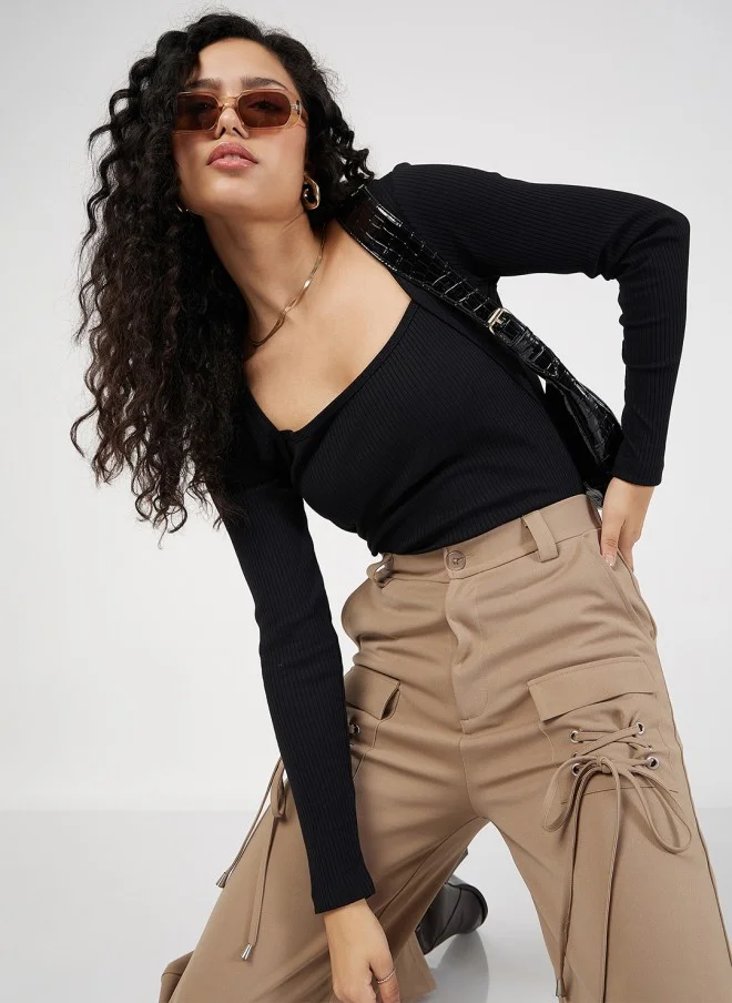 SASSAFRAS Black Ribbed Square Neck Fitted Top for Women