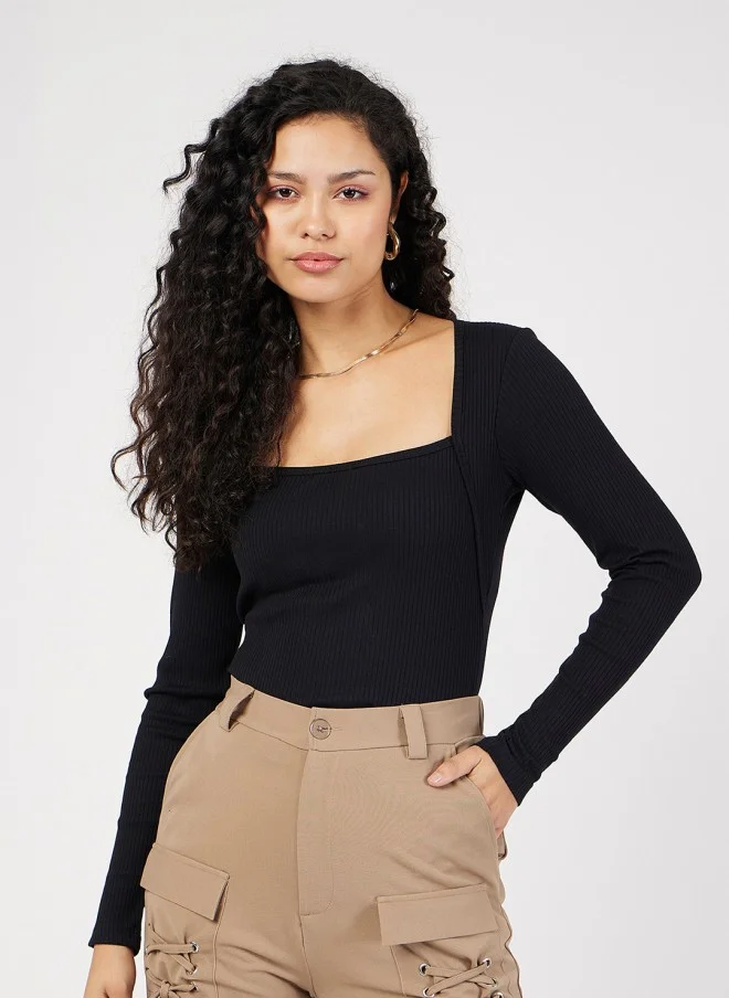 SASSAFRAS Black Ribbed Square Neck Fitted Top for Women