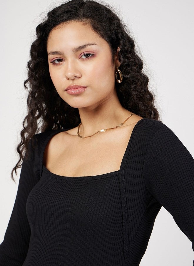 SASSAFRAS Black Ribbed Square Neck Fitted Top for Women - Image 2
