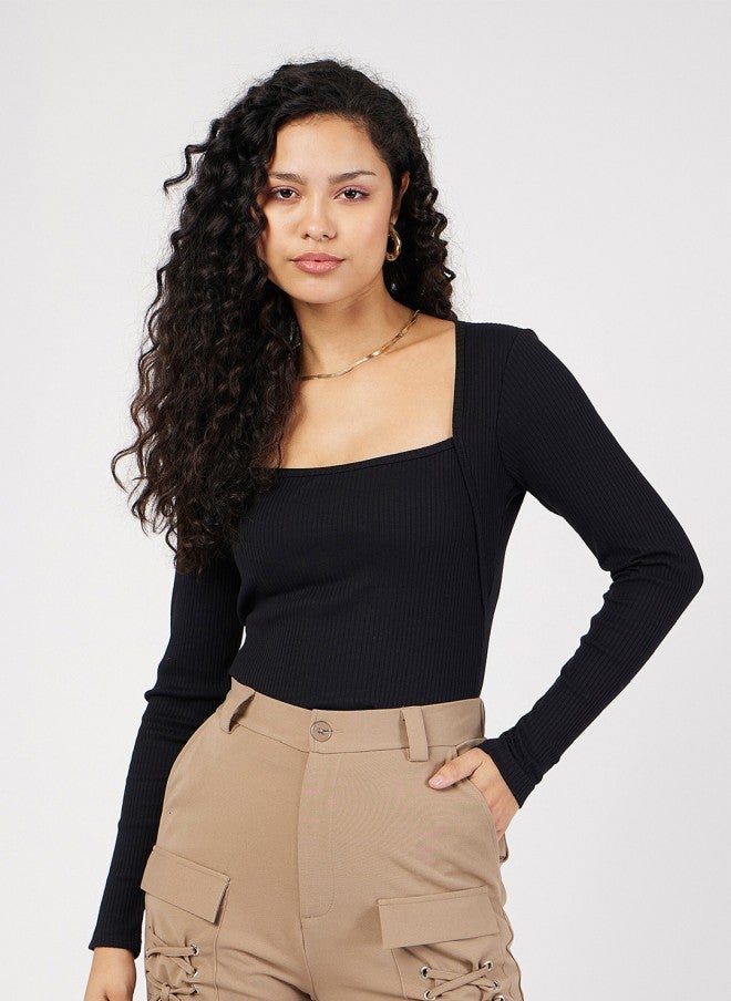 SASSAFRAS Black Ribbed Square Neck Fitted Top for Women - Image 3