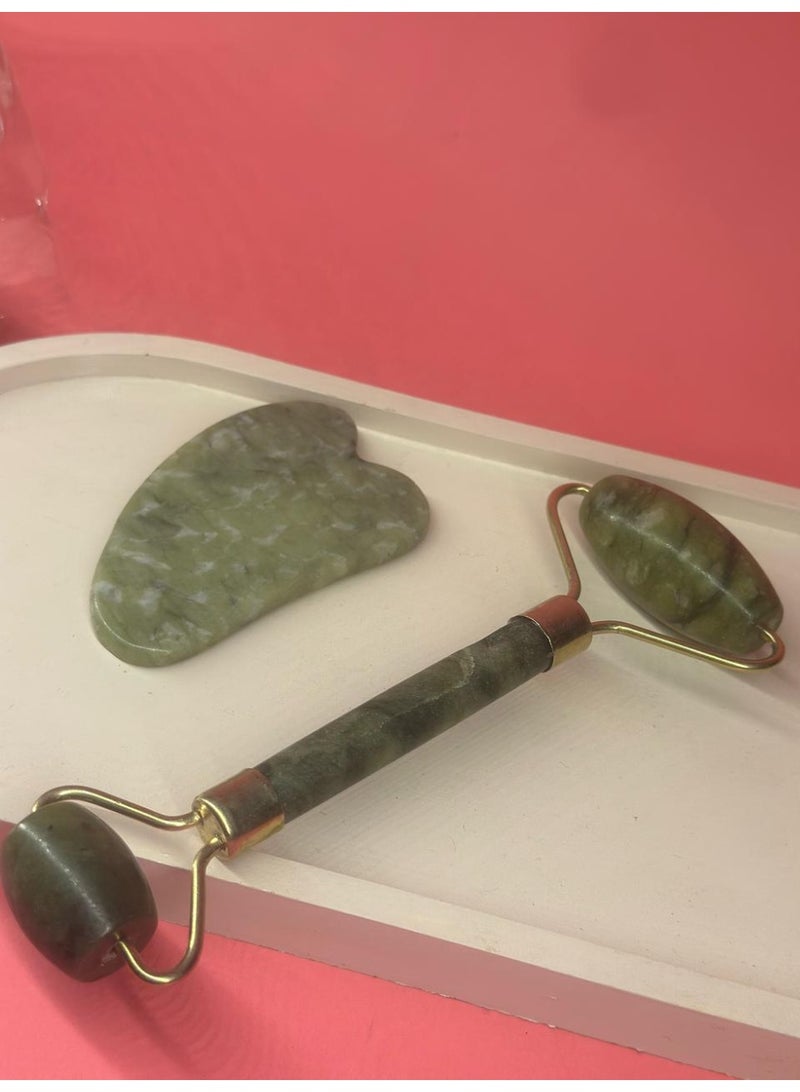 مجموعة أسطوانة رفع الوجه الطبيعية من اليشم وأدوات تدليك غوا شا - Image 3