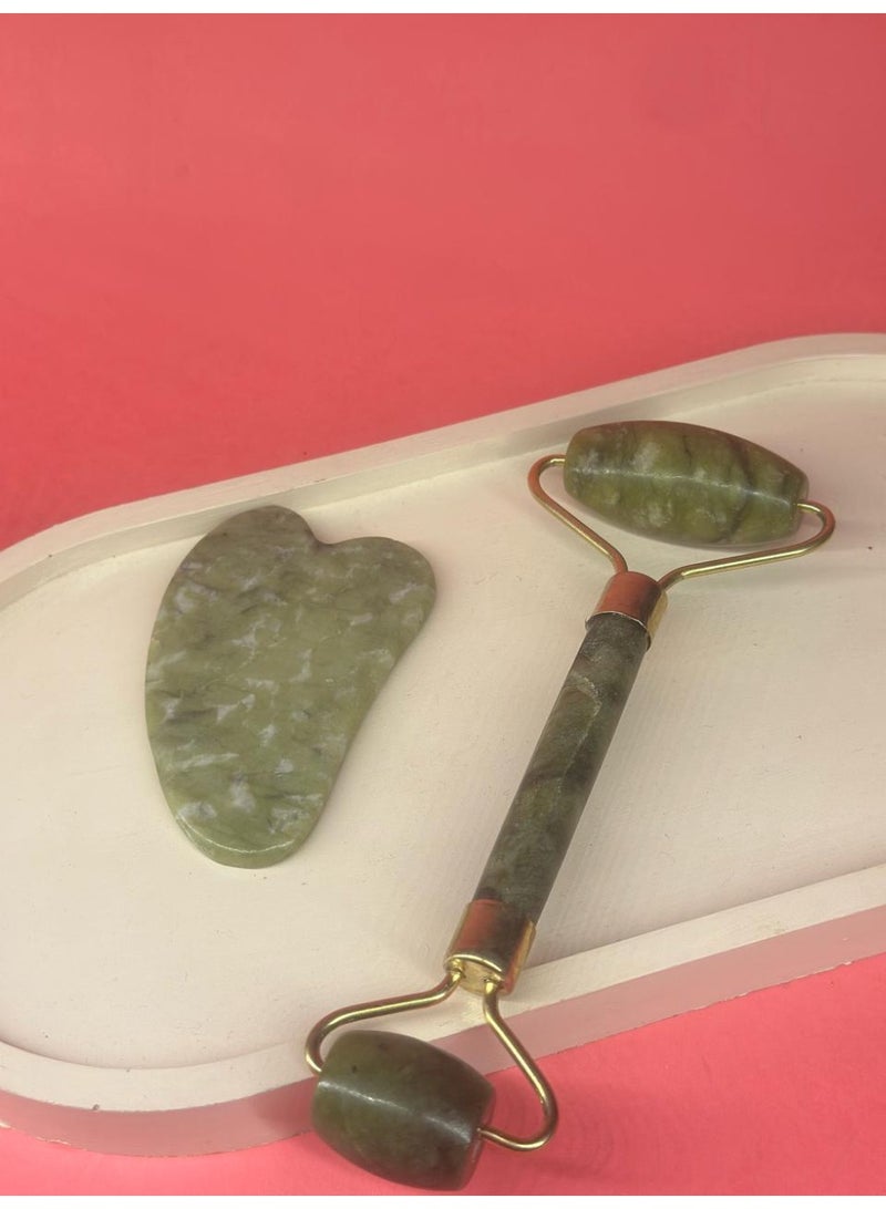 مجموعة أسطوانة رفع الوجه الطبيعية من اليشم وأدوات تدليك غوا شا - Image 1