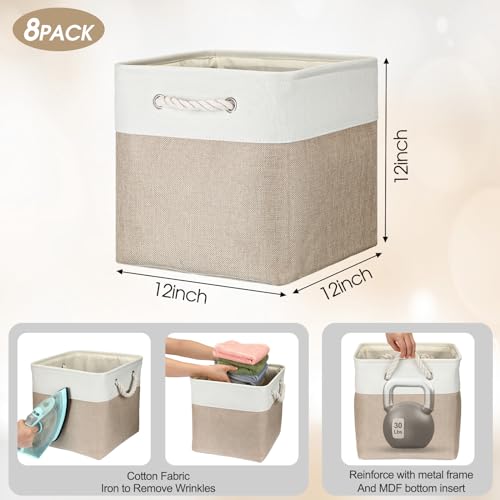 meekoo 8 Pack Collapsible Storage Bins Fabric Storage Bins Polyester Fabric Baskets with Handles Linen Closet Organizer for Shelf Home Closet Towels Toys(12 x 12 x 12 in,Beige) - Image 2