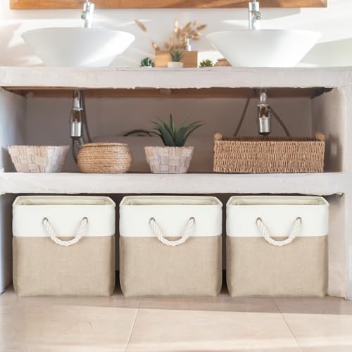 meekoo 8 Pack Collapsible Storage Bins Fabric Storage Bins Polyester Fabric Baskets with Handles Linen Closet Organizer for Shelf Home Closet Towels Toys(12 x 12 x 12 in,Beige) - Image 5