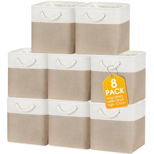 meekoo 8 Pack Collapsible Storage Bins Fabric Storage Bins Polyester Fabric Baskets with Handles Linen Closet Organizer for Shelf Home Closet Towels Toys(12 x 12 x 12 in,Beige) - Image 1