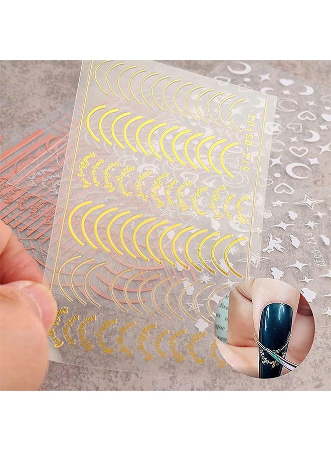 Ant Nail Art Sticker, 3D Fashion Metallic Self Adhesive Wave Lines Half Moon Stars Nail Sticker Nails, Rose Gold Silver Letter Stripe Women DIY Nail Supplies Decoration, 8 Sheets - Image 2