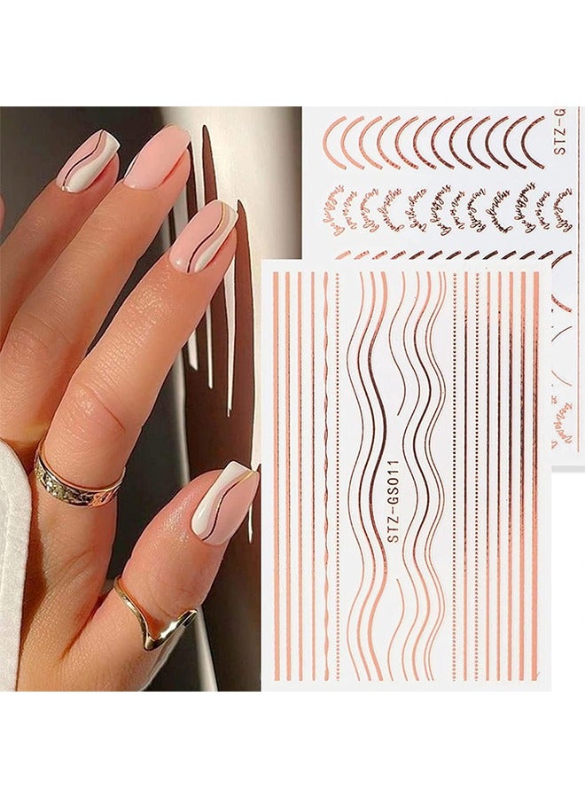 Ant Nail Art Sticker, 3D Fashion Metallic Self Adhesive Wave Lines Half Moon Stars Nail Sticker Nails, Rose Gold Silver Letter Stripe Women DIY Nail Supplies Decoration, 8 Sheets - Image 3