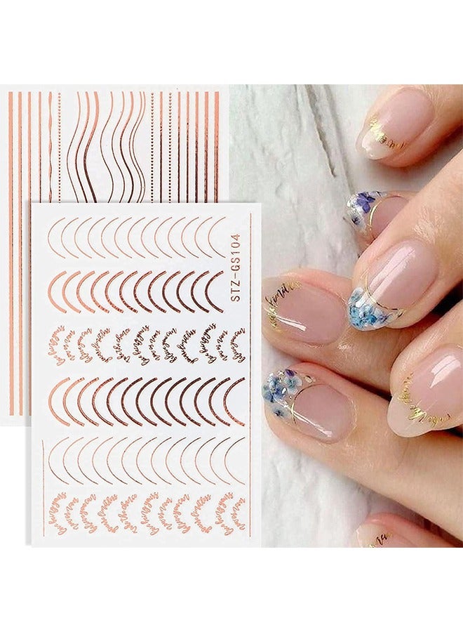 Ant Nail Art Sticker, 3D Fashion Metallic Self Adhesive Wave Lines Half Moon Stars Nail Sticker Nails, Rose Gold Silver Letter Stripe Women DIY Nail Supplies Decoration, 8 Sheets - Image 4