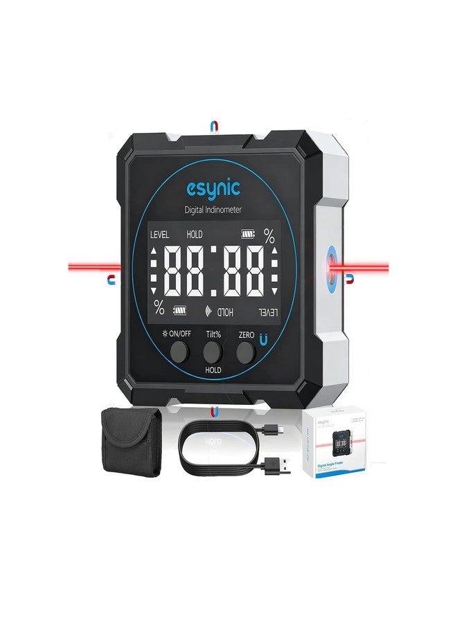 eSynic Digital Angle Finder with Laser USB-C Rechargeable Digital Inclinometer Level IP54 Waterpoof 4 Sides Magnetic Angle Gauge-Auto Off Backlight LCD Display for Construction (Laser Level: Class II) - Image 1