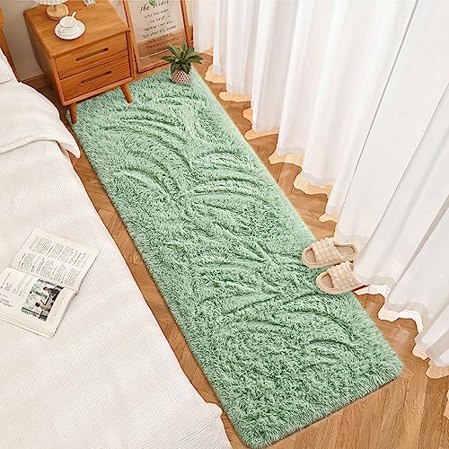 DweIke Fluffy Sage Green Runner Rugs for Bedroom, 2x6 Feet Soft Plush Long Runners for Girls Boys Kids, Non-Slip and Machine Washable Bedside Rug, Small Throw Carpet for Hallway Rooms Decor - Image 2
