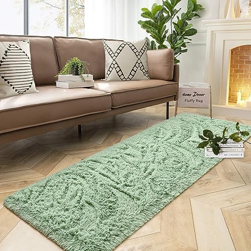 DweIke Fluffy Sage Green Runner Rugs for Bedroom, 2x6 Feet Soft Plush Long Runners for Girls Boys Kids, Non-Slip and Machine Washable Bedside Rug, Small Throw Carpet for Hallway Rooms Decor - Image 1