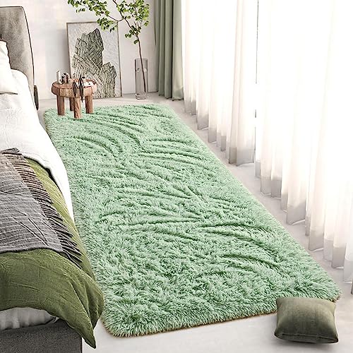 DweIke Fluffy Sage Green Runner Rugs for Bedroom, 2x6 Feet Soft Plush Long Runners for Girls Boys Kids, Non-Slip and Machine Washable Bedside Rug, Small Throw Carpet for Hallway Rooms Decor - Image 3