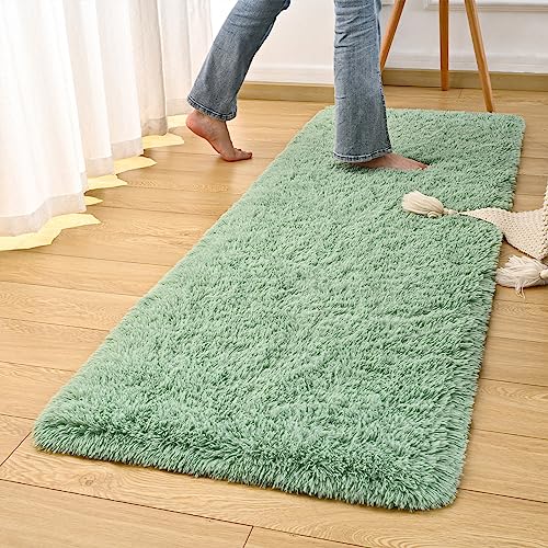 DweIke Fluffy Sage Green Runner Rugs for Bedroom, 2x6 Feet Soft Plush Long Runners for Girls Boys Kids, Non-Slip and Machine Washable Bedside Rug, Small Throw Carpet for Hallway Rooms Decor - Image 4
