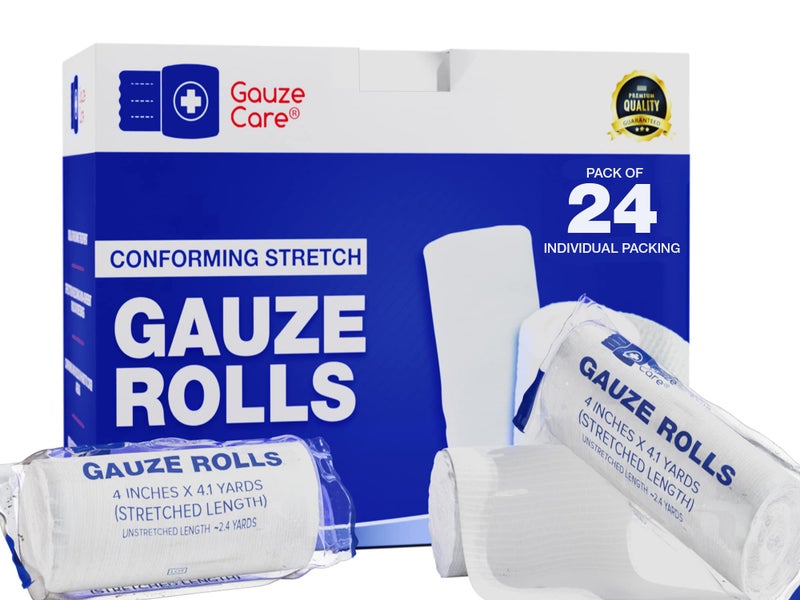 Gauze Care لفائف الشاش عبوة من 24 - جودة ممتازة خالية من الوبر واللاتكس 4 بوصات × 4.1 ياردات ضمادات مطاطية متوافقة مصممة للعناية الفعالة بالجروح والراحة - مثالية للاستخدام كلفافة مومياء - Image 1