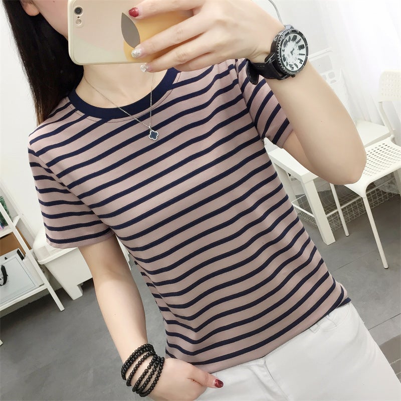 2024 New Summer Cotton Short-sleeved T-shirt Women's apricot Striped T-shirt plus size Loose Round Neck Top - Image 1