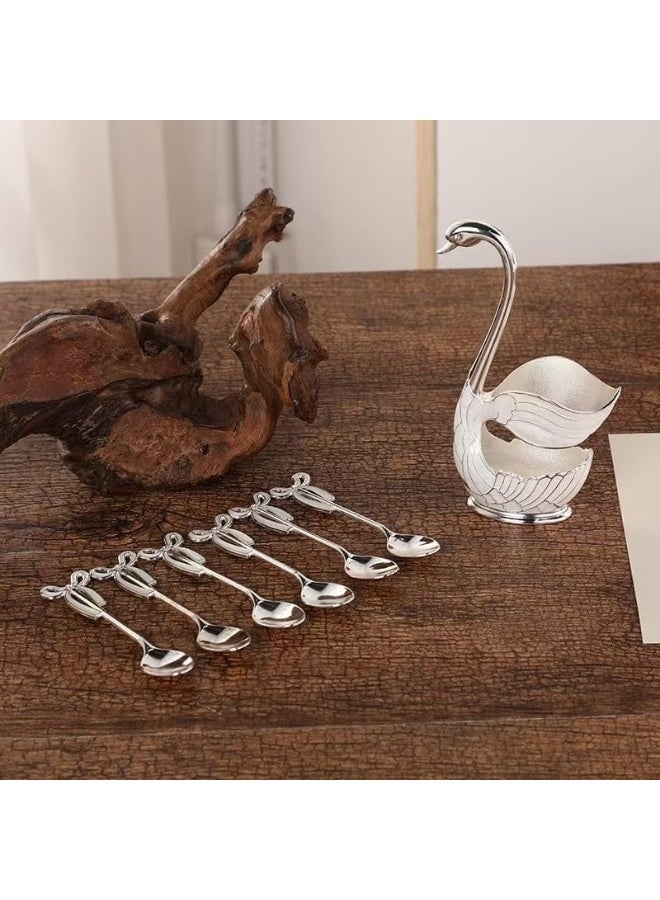 6-Piece Silver Swan Dessert Spoon Set Stainless Steel Mini Spoons with Elegant Swan Holder Luxury Golden Tea  Dessert Spoons for Coffee, Fruit, Sugar, Ice Cream, Parties  Gifting - Image 4