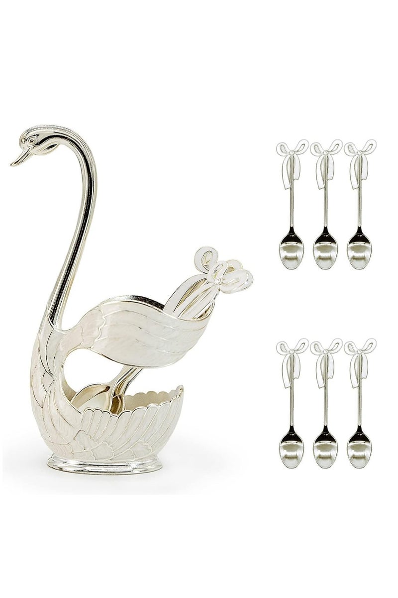 6-Piece Silver Swan Dessert Spoon Set Stainless Steel Mini Spoons with Elegant Swan Holder Luxury Golden Tea  Dessert Spoons for Coffee, Fruit, Sugar, Ice Cream, Parties  Gifting - Image 1