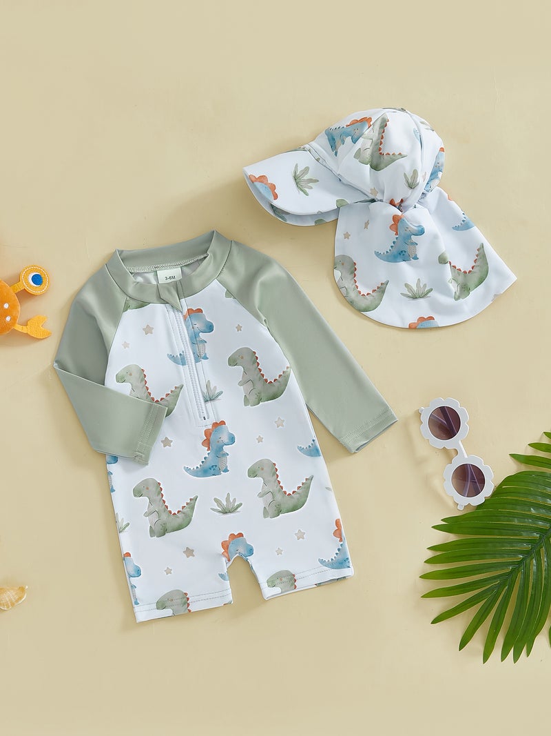 Toddler Boys Rash Guard Swimsuit Dinner/Crab Print Long Sleeve Zip Bathing Suit with Swim Cap - Image 5