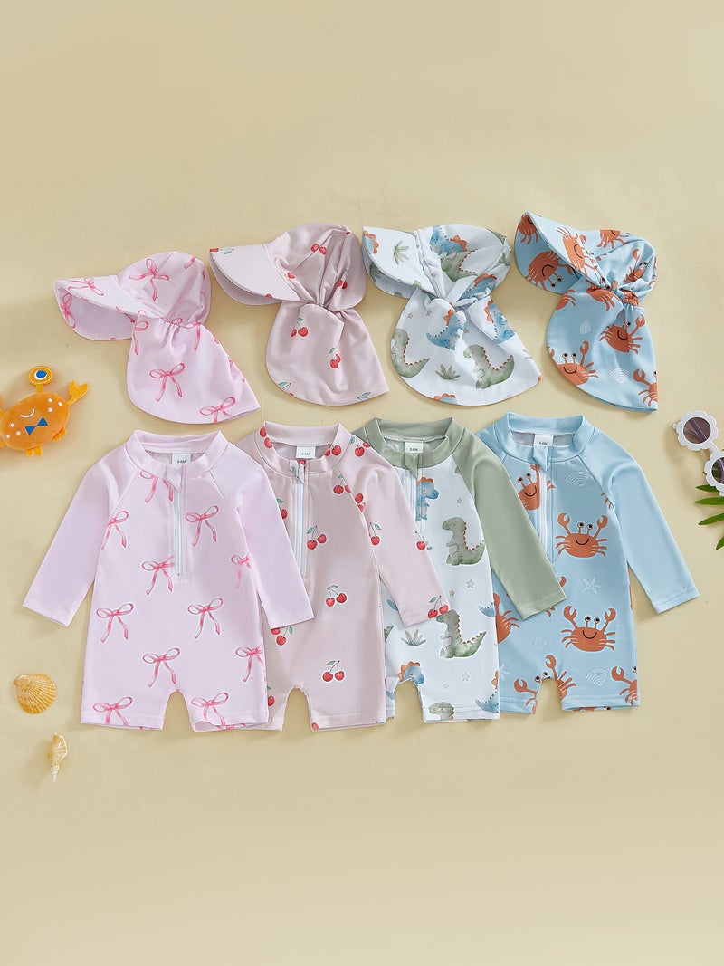 Toddler Boys Rash Guard Swimsuit Dinner/Crab Print Long Sleeve Zip Bathing Suit with Swim Cap - Image 3