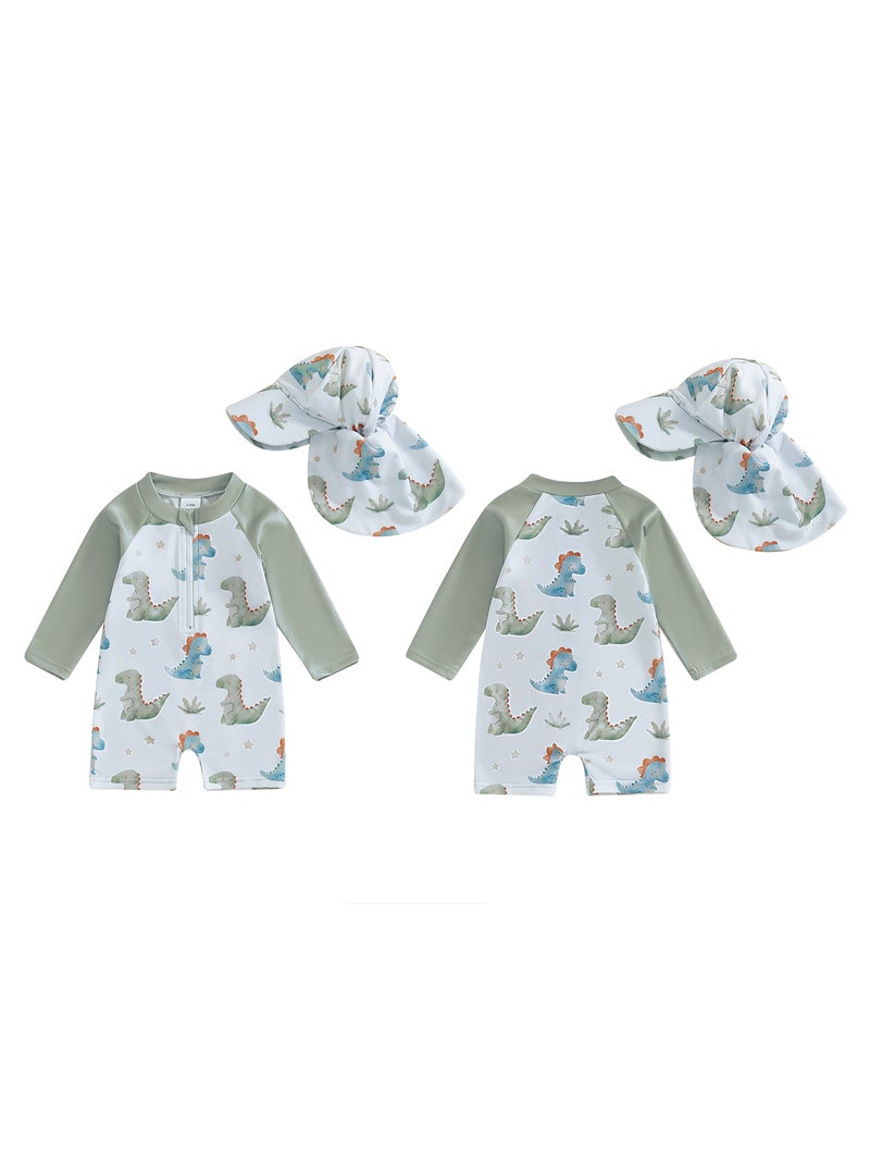 Toddler Boys Rash Guard Swimsuit Dinner/Crab Print Long Sleeve Zip Bathing Suit with Swim Cap - Image 2