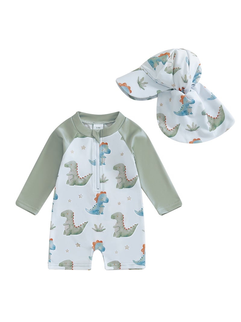 Toddler Boys Rash Guard Swimsuit Dinner/Crab Print Long Sleeve Zip Bathing Suit with Swim Cap - Image 1