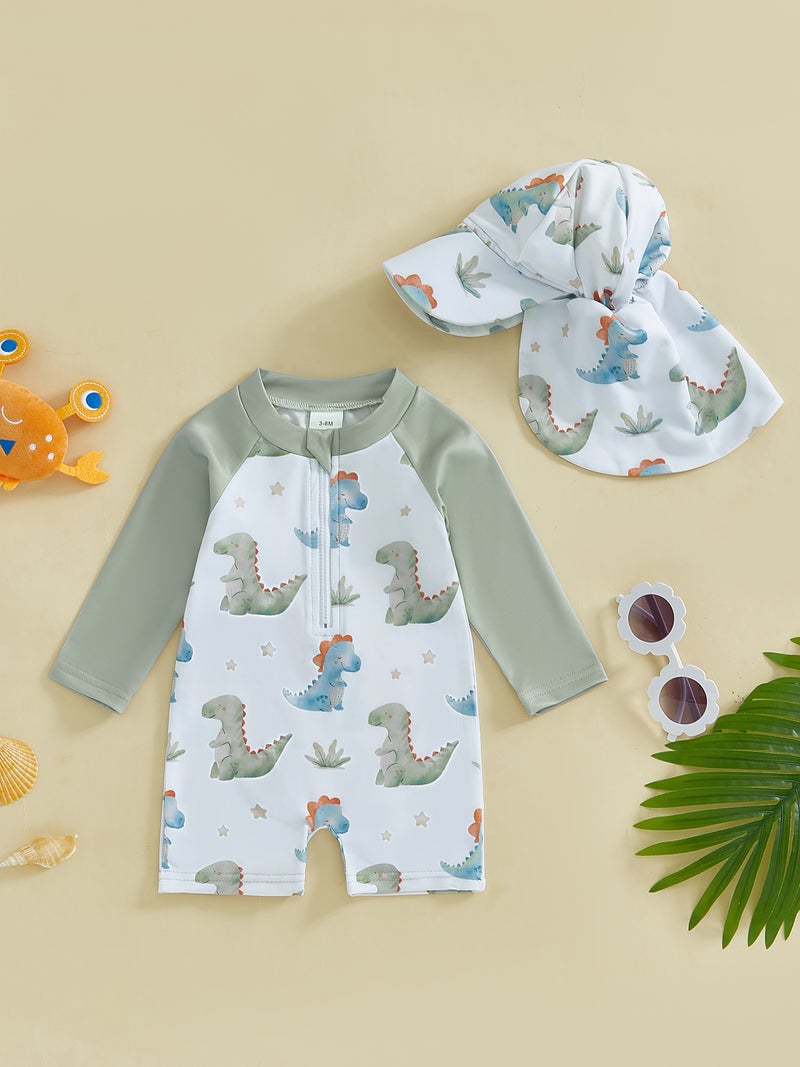 Toddler Boys Rash Guard Swimsuit Dinner/Crab Print Long Sleeve Zip Bathing Suit with Swim Cap - Image 4