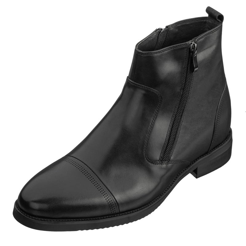 CALTO Mens Invisible Height Increasing Elevator Shoes Black Premium Leather Lightweight Zipper Boots 32 Inches Taller S28001 Size 8 DM US