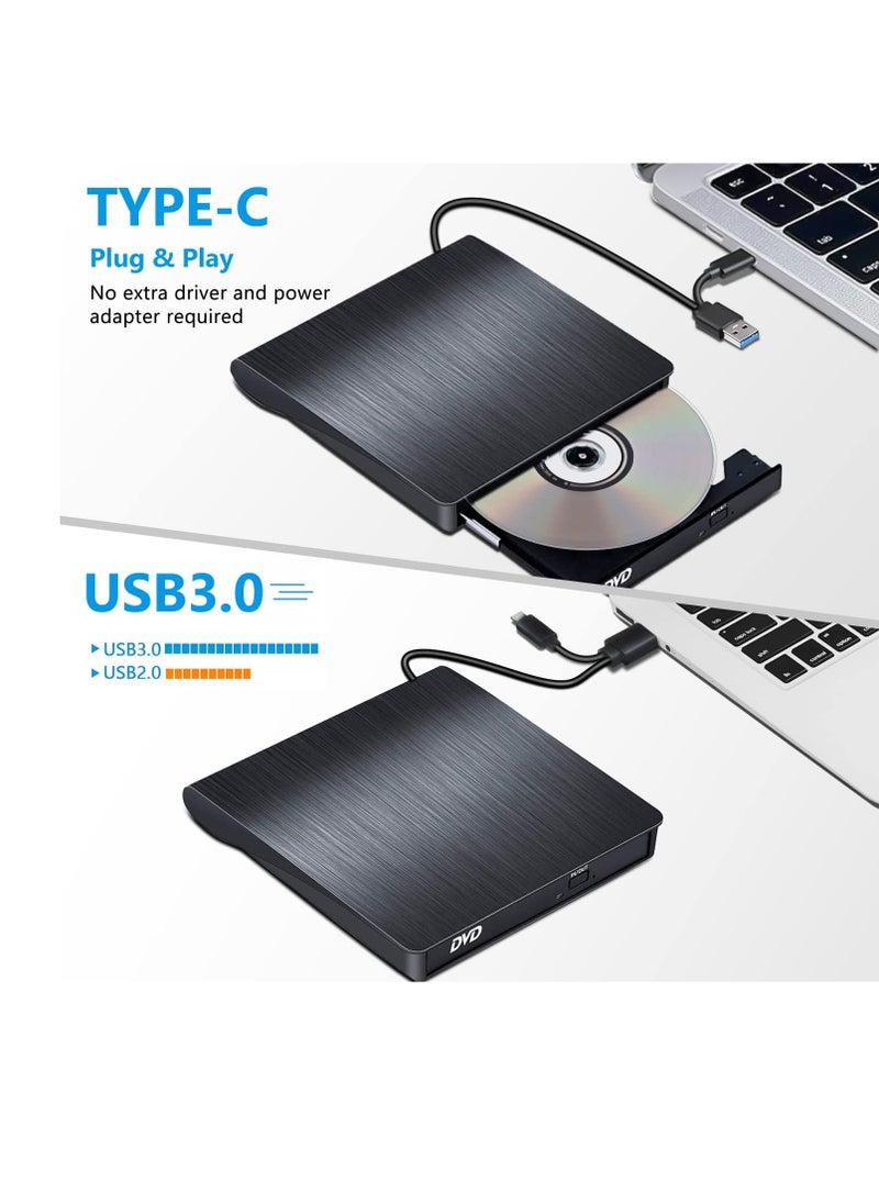 ماركة غير محددة - محرك أقراص خارجي CD/DVD – منفذ USB 3.0 وType-C، محرك تسجيل CD/DVD RW محمول لأجهزة Windows وMacBook وiMac وLinux - Image 1