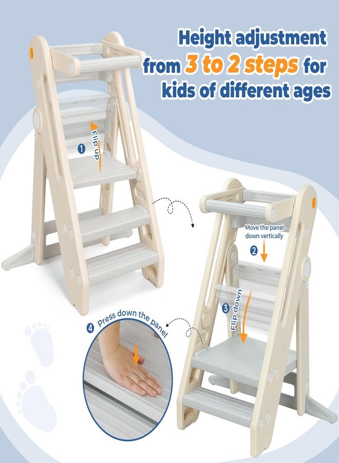 Onasti Toddler Tower Kitchen Stool Helper, Foldable & Adjustable Height Kids Learning Stool for Kitchen Counter Bathroom Sink, Child Ladder for Toddlers with Handles, Safty Rail, Non-Slip Pads-Grey - Image 3