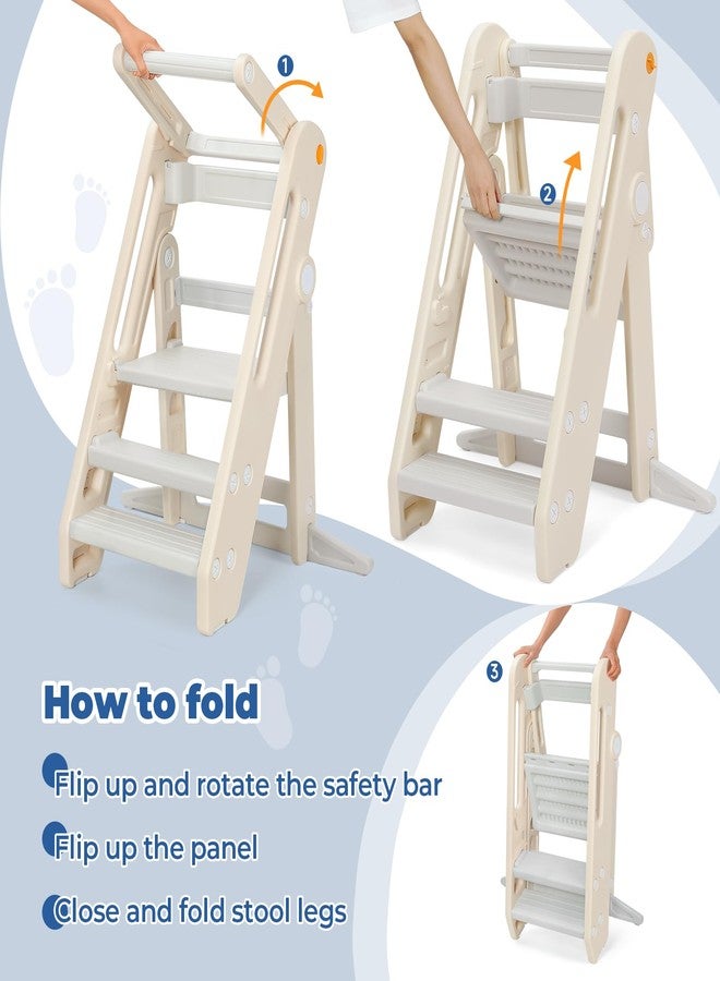 Onasti Toddler Tower Kitchen Stool Helper, Foldable & Adjustable Height Kids Learning Stool for Kitchen Counter Bathroom Sink, Child Ladder for Toddlers with Handles, Safty Rail, Non-Slip Pads-Grey - Image 5
