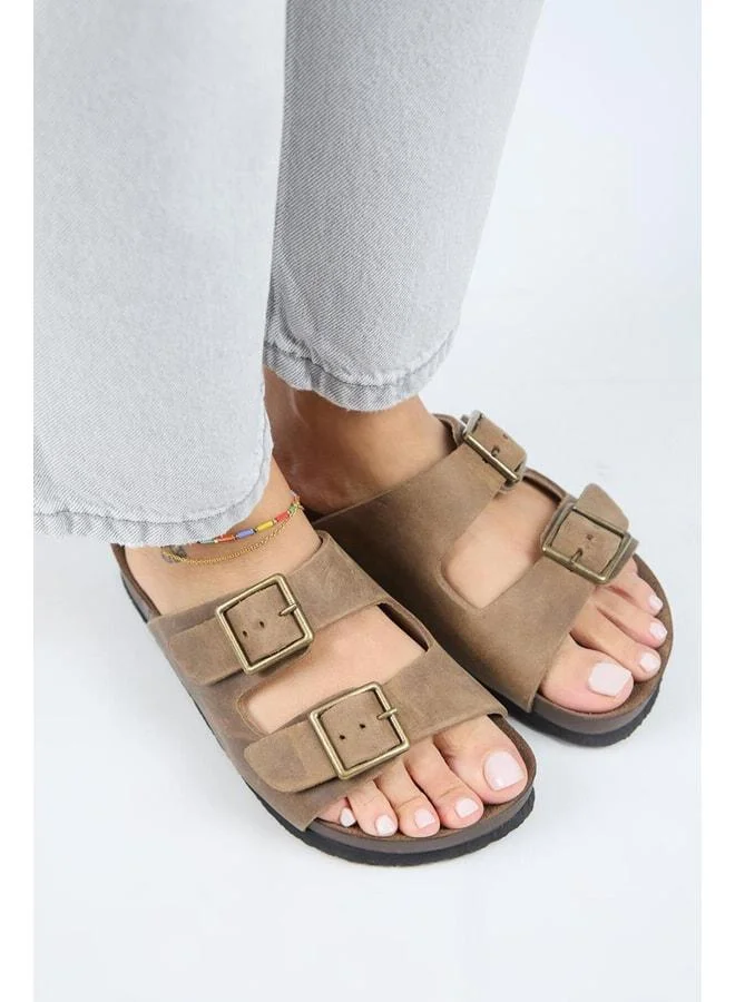 Manijero  (Anjelic Distressed) Women's Genuine Leather Double Buckle Beige Slipper. for Women | Best Price UAE