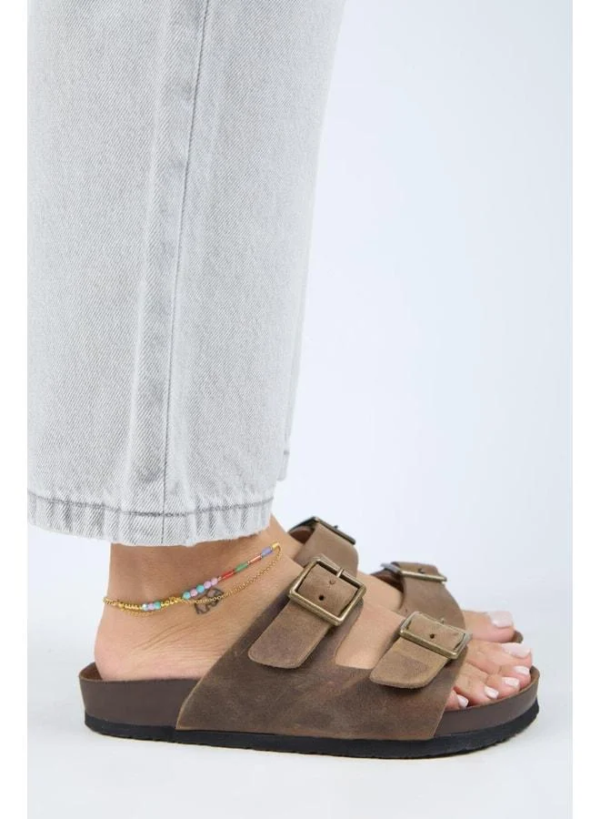 Manijero  (Anjelic Distressed) Women's Genuine Leather Double Buckle Beige Slipper. for Women | Best Price UAE