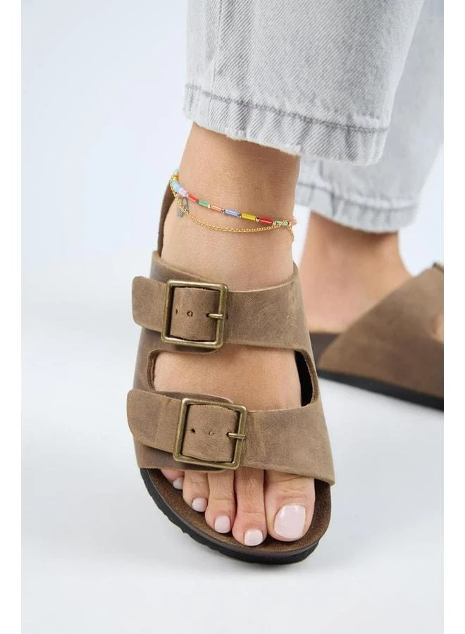 (Anjelic Distressed) Women's Genuine Leather Double Buckle Beige Slipper.