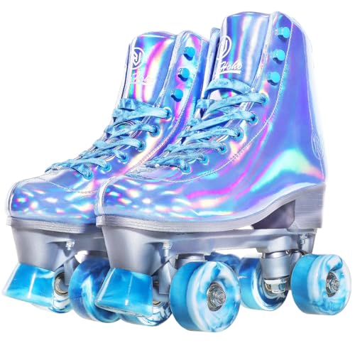 JajaHoho Roller Skates for Women Shiny Holographic High Top Rollerskates Mixture Color DoubleRow Four Colour Frozen Wheels Quad Skates for Girls Age 851 Indoor Outdoor Very Peri Blue Size 6