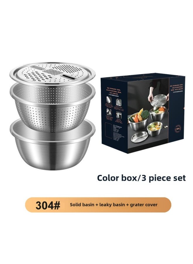 Generic - 304 Stainless Steel Basin Food Grade Thickened Grater Basin Rice Washing Sieve Kitchen Vegetable Washing Basin Draining Basin Egg Bowl With Lid-规格:304#多用刨丝盆3件套(彩盒装)-颜色:24cm - Image 1