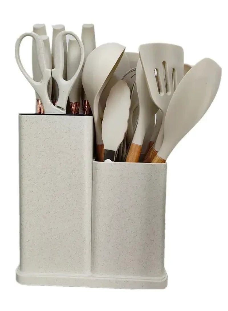 Huitich 19-Piece Beige Silicone Kitchen Utensil Set with Knives, Cutting Board, and Gadgets  - Image 1